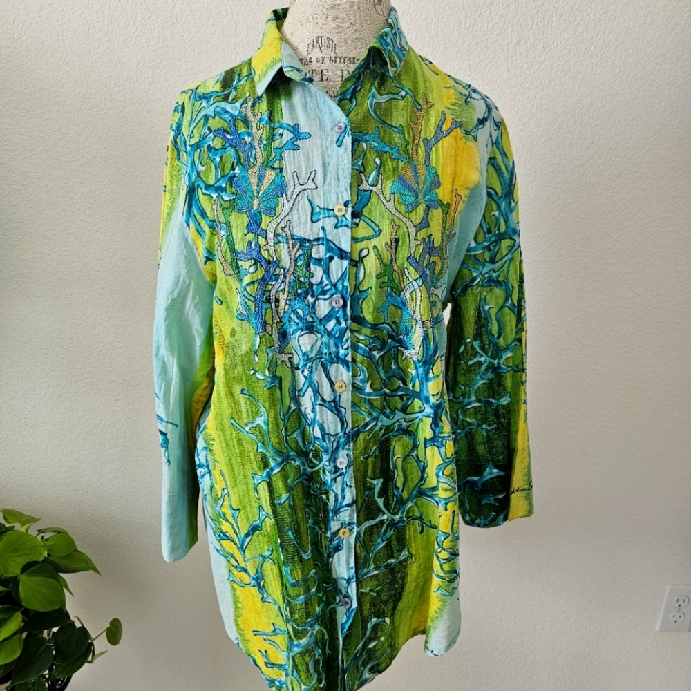 Antica Sartoria by Giacomo Cinque Tunic Shirt L Large Green Blue Coral Print - Picture 2 of 12